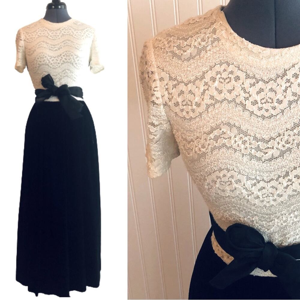Vintage Formal Black Velvet White Lace Ivory Chiffon Bow Short Sleeve Long Gown